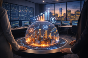 Investment banking careers in 2026 showing futuristic financial district with digital trading screens and AI-powered analytics